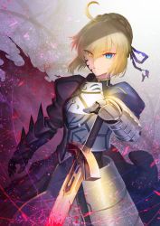 Rule 34 | 1girl, ahoge, armor, armored dress, artoria pendragon (all), artoria pendragon (fate), blonde hair, blue eyes, blue ribbon, braid, closed mouth, commentary request, dark persona, excalibur (fate/stay night), fate/grand order, fate (series), faulds, french braid, gauntlets, hair between eyes, hair bun, hair ribbon, highres, holding, holding sword, holding weapon, light persona, looking at viewer, nakamura eight, puffy sleeves, ribbon, saber (fate), saber alter, single hair bun, split theme, sword, torn ribbon, weapon, yellow eyes