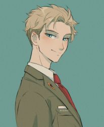 Rule 34 | 1boy, blonde hair, blue eyes, collared shirt, formal, green background, green jacket, highres, itslopezz, jacket, looking at viewer, male focus, necktie, parted bangs, pocket square, portrait, red necktie, shirt, short hair, smile, solo, spy x family, suit, twilight (spy x family), twitter username, upper body, white shirt