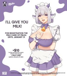 Rule 34 | 1girl, apron, bell, breasts, commentary, cowboy shot, dress, english commentary, frilled apron, frills, girls&#039; frontline, grey hair, highres, j adsen, large breasts, looking at viewer, maid headdress, milka (chocolate), mixed-language commentary, neck bell, pointing, pointing at viewer, puffy short sleeves, puffy sleeves, purple dress, purple eyes, rpk-16 (girls&#039; frontline), russian commentary, short dress, short hair, short sleeves, solo, standing, waist apron, white apron, white wrist cuffs, wrist cuffs