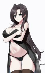 Rule 34 | 1girl, absurdres, bare shoulders, black dress, black panties, breasts, cleavage, closed mouth, collarbone, commentary request, commission, cowboy shot, crossed arms, dress, earrings, eyelashes, forehead, green eyes, hair between eyes, hasegawa chisato, highres, jewelry, large breasts, long hair, maanu, midriff, mole, mole under eye, navel, open clothes, panties, parted bangs, ring, shinmai maou no testament, simple background, smile, solo, split mouth, standing, strapless, thighhighs, thighs, underwear, wedding ring, white background