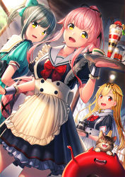 Rule 34 | 3girls, alternate costume, blonde hair, blunt bangs, bow, cat, day, dutch angle, enmaided, frills, green bow, green hair, hair bow, hair flaps, hair ornament, hair ribbon, hairclip, indoors, kantai collection, long hair, looking at viewer, maid, multiple girls, open mouth, pink hair, ponytail, puffy short sleeves, puffy sleeves, red eyes, remodel (kantai collection), ribbon, short hair, short ponytail, short sleeves, unowen, wrist cuffs, yellow eyes, yura (kancolle), yuubari (kancolle), yuudachi (kancolle)