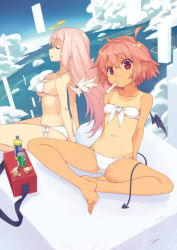 Rule 34 | 2girls, age difference, ahoge, angel, angel and devil, bandeau, barefoot, bikini, bottle, breasts, can, child, closed eyes, cloud, day, demon girl, demon tail, demon wings, drink can, feet, flat chest, food, front-tie top, halo, highres, horns, large breasts, long hair, looking at viewer, mouth hold, multiple girls, navel, original, pink hair, pointy ears, popsicle, red eyes, red hair, short hair, side-tie bikini bottom, sitting, sky, soda can, spread toes, strap gap, sumaki shungo, swimsuit, tail, tan, tanline, toe-point, toes, white bikini, wings