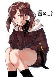 Rule 34 | 1girl, absurdres, brown hair, brown jacket, commentary request, double bun, hair bun, hair ornament, hairclip, highres, idolmaster, idolmaster shiny colors, inui/byte, jacket, kneehighs, long sleeves, looking at viewer, miniskirt, pout, red eyes, short twintails, skirt, socks, solo, sonoda chiyoko, thighs, translation request, twintails, white background