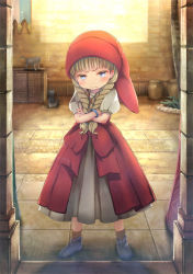 Rule 34 | 1girl, blonde hair, blue eyes, blue footwear, blush, bow, bracelet, braid, cat, closed mouth, crossed arms, dragon quest, dragon quest xi, dress, hat, head tilt, indoors, jewelry, long hair, looking at viewer, pot, puffy short sleeves, puffy sleeves, red hat, short sleeves, solo, standing, twin braids, v-shaped eyebrows, veronica (dq11), waist bow, yoshimura (yoshimura4shi)