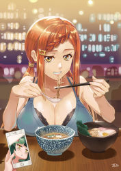 Rule 34 | 2girls, bare shoulders, black bra, bra, braid, braided bangs, breast rest, breasts, brown hair, cellphone, chopsticks, cleavage, eating, food, french braid, ge xi, green hair, hardboiled egg, highres, large breasts, looking at viewer, low twintails, multiple girls, nail polish, noodles, original, phone, pink lips, pink nails, pov, ramen, sidelocks, smartphone, solo focus, spoon, twintails, underwear, witches in 7th base, yellow eyes