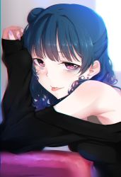 Rule 34 | 1girl, :p, absurdres, armpits, black shirt, blue hair, blush, breast press, chromatic aberration, clenched hand, clothing cutout, earrings, eyeliner, from side, hair bun, half-closed eyes, half updo, highres, jewelry, leaning, long hair, looking at viewer, love live!, love live! sunshine!!, makeup, nail polish, nasuno (nasuno42), piercing, purple eyes, purple nails, shirt, shoulder cutout, side bun, single side bun, sleeves past wrists, smile, solo, tongue, tongue out, tongue piercing, tsushima yoshiko, upper body, wavy hair