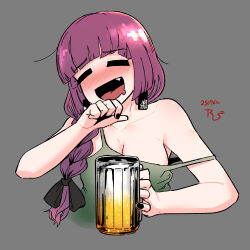 Rule 34 | 1girl, = =, absurdres, alcohol, beer, beer mug, blush, bocchi the rock!, braid, breasts, brown hair, cleavage, collarbone, cropped torso, cup, dated, dress, drooling, drunk, fingernails, green dress, hair over shoulder, highres, hiroi kikuri, holding, holding cup, medium breasts, mouth drool, mug, nail polish, nose blush, radish p, signature, sleeveless, sleeveless dress, smile, solo, strap slip, upper body