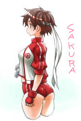 Rule 34 | 1girl, ass, brown eyes, brown hair, buruma, cropped legs, double vertical stripe, fingerless gloves, from side, gloves, gym shirt, headband, hiro1984, jacket, kasugano sakura, looking to the side, open clothes, open jacket, red buruma, shirt, short hair, short sleeves, simple background, sketch, solo, standing, street fighter, track jacket, very short hair, whistle, white background, white shirt