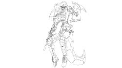 Rule 34 | assault rifle, cutesu (cutesuu), dragon girl, exoskeleton, flying, greyscale, gun, highres, horns, military, monochrome, monster girl, rifle, science fiction, single horn, tactical clothes, tail, weapon, wings