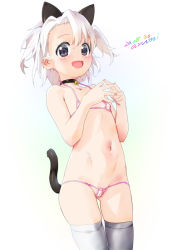 Rule 34 | 1girl, :d, animal ears, asymmetrical bangs, baba arumi, bare arms, bare shoulders, bell, bikini, black collar, blush, brown eyes, cameltoe, cat ears, cat girl, cat tail, cleft of venus, collar, commentary request, covered erect nipples, dated, fake animal ears, gradient background, green background, grey thighhighs, groin, hair between eyes, halterneck, hands up, jingle bell, looking at viewer, micro bikini, navel, neck bell, open mouth, original, parted bangs, signature, skindentation, smile, solo, steepled fingers, swimsuit, tail, tail raised, thighhighs, two side up, white background, white bikini, white hair