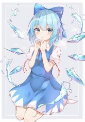 Rule 34 | 1girl, absurdres, arms up, blue dress, blue eyes, blue hair, blush, breath, cirno, commentary, commentary request, dress, expressionless, grey background, hair between eyes, hair ribbon, highres, iyo (ya na kanji), light blush, looking at viewer, own hands together, parted lips, pinafore dress, puffy short sleeves, puffy sleeves, red neckwear, red ribbon, ribbon, shirt, short hair, short sleeves, simple background, sitting, sleeveless dress, socks, solo, symbol-only commentary, touhou, wariza, water drop, white shirt, white socks, wings