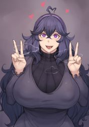 Rule 34 | 1girl, absurdres, ahoge, blush, breasts, breath, covered erect nipples, creatures (company), crossed bangs, double v, dress, drooling, female focus, frilled sleeves, frills, game freak, gradient background, hair between eyes, hairband, hands up, heart, heart ahoge, heavy breathing, hex maniac (pokemon), highres, huge breasts, hypnosis, light blush, long hair, long sleeves, looking at viewer, messy hair, metal owl (aden12), mind control, nintendo, open mouth, pink eyes, pokemon, pokemon xy, puffy areolae, purple dress, purple hair, purple hairband, ribbed sweater, saliva, simple background, smile, solo, sweater, turtleneck, upper body, v, wavy hair