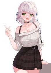 Rule 34 | 1girl, bare shoulders, black skirt, blush, breasts, choker, cleavage, collarbone, cowboy shot, green eyes, grey hair, high-waist skirt, highres, hololive, large breasts, long sleeves, looking at viewer, off-shoulder sweater, off shoulder, open mouth, shirogane noel, shirogane noel (casual), short hair, skirt, smile, solo, sweater, virtual youtuber, white sweater, yuruto