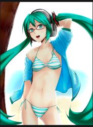 Rule 34 | 1girl, arm up, bespectacled, bikini, character name, copyright name, glasses, green eyes, green hair, hatsune miku, headphones, highres, jacket, letterboxed, long hair, matching hair/eyes, navel, open mouth, side-tie bikini bottom, sleeves pushed up, solo, soruto, striped bikini, striped clothes, swimsuit, twintails, very long hair, vocaloid