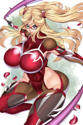 Rule 34 | 1girl, action taimanin, artist request, ass, blonde hair, bodysuit, breasts, covered erect nipples, covered navel, glasses, green eyes, highres, huge breasts, jumping, kosaka shizuru, leotard, lipstick, long hair, makeup, red bodysuit, simple background, solo, taimanin (series), taimanin rpgx, taimanin suit, taimanin yukikaze, twintails, very long hair, whip, white background, wide hips