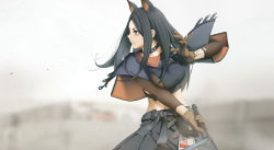 Rule 34 | 1girl, animal ears, arknights, black choker, black hair, blurry, blurry background, breasts, brown eyes, brown gloves, choker, cowboy shot, crop top, depth of field, dobermann (arknights), dog ears, extra ears, gloves, holding, holding weapon, holding whistle, impossible clothes, large breasts, long hair, long sleeves, looking away, looking to the side, midriff, navel, parted lips, smile, solo, weapon, whistle, yokaze (yokajie)