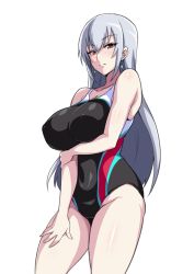 Rule 34 | 1girl, breasts, brown eyes, covered navel, earrings, covered erect nipples, groin, hair between eyes, idolmaster, idolmaster cinderella girls, jewelry, large breasts, long hair, one-piece swimsuit, silver hair, simple background, solo, swimsuit, takamine noa, tawashi1623, white background
