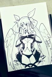 Rule 34 | 1girl, angel wings, bare shoulders, black panties, breasts, cleavage, collarbone, commentary, detached collar, dizzy (guilty gear), english commentary, greyscale, guilty gear, guilty gear xrd, hair ribbon, hair rings, highres, large breasts, long hair, looking to the side, mature female, midriff, mirka andolfo, monochrome, monster girl, navel, off-shoulder jacket, off shoulder, panties, photo (medium), ribbon, sleeves past wrists, smile, solo, tail, tail ornament, tail ribbon, thigh strap, thighs, traditional media, twintails, underwear, very long hair, western comics (style), wide sleeves, wings