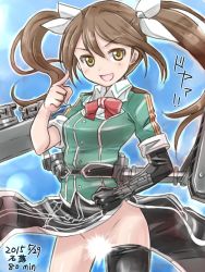 Rule 34 | 10s, 1girl, :d, brown eyes, brown hair, censored, doyagao, elbow gloves, gloves, groin, highres, index finger raised, kantai collection, long hair, looking at viewer, machinery, no panties, open mouth, pelvic curtain, single elbow glove, single thighhigh, smile, smug, solo, thighhighs, tone (kancolle), tone kai ni (kancolle), translation request, tsuwabuki-san, twintails