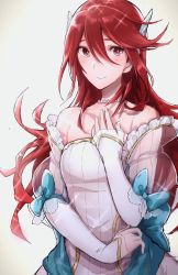 Rule 34 | 1girl, aiueo1234853, bad id, bad twitter id, bare shoulders, blush, breasts, closed mouth, cordelia (bridal) (fire emblem), cordelia (fire emblem), dress, fire emblem, fire emblem awakening, fire emblem heroes, grey background, hair ornament, highres, jewelry, long hair, looking at viewer, necklace, nintendo, pearl necklace, red eyes, red hair, simple background, sleeveless, sleeveless dress, small breasts, smile, solo, upper body, wedding dress, white dress