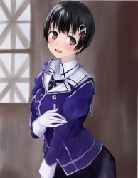 Rule 34 | 1girl, 73suke, absurdres, alternate hair length, alternate hairstyle, black hair, blush, brown eyes, commentary request, gloves, haguro (kancolle), hair ornament, hairpin, highres, jacket, kantai collection, open mouth, pantyhose, short hair, uniform, very short hair, window