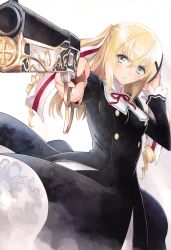Rule 34 | 1girl, absurdres, aiming, aiming at viewer, black dress, blonde hair, buttons, clenched teeth, cowboy shot, dress, drill hair, dutch angle, eyebrows, fingernails, foreshortening, frills, green eyes, gun, hair between eyes, hand in own hair, handgun, highres, holding, holding gun, holding weapon, lever action, long hair, long sleeves, looking at viewer, outstretched arm, parted lips, pistol, red ribbon, ribbon, scan, sister blood, solo, teeth, tony taka, twin drills, weapon
