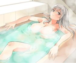 Rule 34 | 10s, 1girl, :3, arm rest, armpits, bath, bathing, bathtub, blurry, blush, breasts, brown eyes, cleavage, closed mouth, collarbone, depth of field, eyebrows, female focus, floating breasts, grey eyes, grey hair, hair between eyes, hair down, haru (renol), indoors, kantai collection, kashima (kancolle), large breasts, long hair, looking at viewer, lying, neck, nude, on back, partially submerged, shiny skin, smile, solo, steam, submerged, water, wet