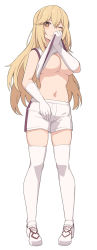Rule 34 | + +, 1girl, bare shoulders, blonde hair, blush, breasts, bright pupils, brown eyes, clothes lift, commentary, elbow gloves, female focus, full body, gloves, gym shirt, gym shorts, gym uniform, hair between eyes, hand up, large breasts, light blush, long hair, looking at viewer, navel, one eye closed, shirt, shirt lift, shiseki hirame, shoes, shokuhou misaki, short shorts, shorts, simple background, sleeveless, sleeveless shirt, smile, sneakers, solo, sparkle, sparkling eyes, standing, stomach, sweat, sweatdrop, symbol-shaped pupils, thighhighs, toaru kagaku no railgun, toaru majutsu no index, toaru majutsu no index gaiden: toaru kagaku no mental out, underboob, very long hair, white footwear, white gloves, white shirt, white shorts, white thighhighs, yellow pupils