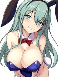 Rule 34 | 1girl, animal ears, aqua eyes, aqua hair, bare legs, bare shoulders, blush, breasts, cleavage, covered navel, cowboy shot, detached collar, fake animal ears, fake tail, hair between eyes, hair ornament, hairclip, highres, kantai collection, large breasts, leotard, long hair, looking at viewer, montemasa, open mouth, playboy bunny, purple leotard, rabbit tail, smile, solo, strapless, strapless leotard, suzuya (kancolle), tail, white background, wrist cuffs
