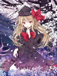 Rule 34 | 1girl, bad id, bad pixiv id, black dress, blonde hair, bow, capelet, cherry blossoms, dress, fairy wings, female focus, finger to mouth, flower, hat, hat bow, highres, lily black, lily white, long hair, long sleeves, petals, red eyes, sitting, smile, solo, tamago gohan, touhou, tree, wide sleeves, wings