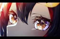 Rule 34 | 1girl, black hair, blurry, close-up, commentary, depth of field, eye focus, eyelashes, hair between eyes, hair ornament, highres, hololive, letterboxed, looking at viewer, multicolored hair, nuko miruku, ookami mio, orange eyes, red hair, solo, streaked hair, symbol-only commentary, two-tone hair, virtual youtuber