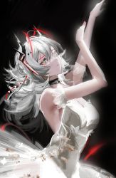 Rule 34 | 1girl, absurdres, alternate costume, arknights, bare shoulders, black background, black choker, breasts, choker, detached sleeves, dress, grey eyes, grey hair, highres, horns, long hair, looking at viewer, medium breasts, short sleeves, simple background, solo, strapless, strapless dress, tanuka (tnk0150), upper body, w (arknights), white dress