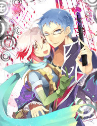 Rule 34 | 1boy, 1girl, 9860, ahoge, bad id, bad pixiv id, blue eyes, blue hair, blue shirt, colored tips, couple, glasses, gloves, gun, happy, hetero, hubert ozwell, multicolored hair, musical note, open mouth, pascal (tales), red hair, scarf, shirt, short hair, smile, tales of (series), tales of graces, two-tone hair, uehara yukine, weapon, white hair, yellow eyes