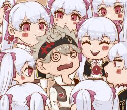 Rule 34 | 13girls, 1boy, asta (black clover), black clover, blush, clones, closed eyes, confused, exclamation mark, grey hair, hair ribbon, headband, heart, noelle silva, open mouth, pink eyes, pouting, ribbon, silver hair, smile, speech bubble, staring at person, teeth, twintails