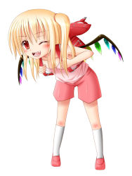 Rule 34 | 1girl, alternate costume, backpack, bag, blonde hair, blush, collarbone, contemporary, crystal, fang, female focus, flandre scarlet, grin, hanazome dotera, leaning forward, long hair, no headwear, no headwear, one eye closed, open mouth, randoseru, red eyes, short hair, shorts, side ponytail, sleeveless, smile, solo, tank top, touhou, white background, wings, wink