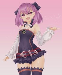 Rule 34 | 1girl, bare shoulders, belt, black bow, black thighhighs, bow, breasts, commentary request, cowboy shot, detached collar, detached sleeves, dress, fang, fate/grand order, fate (series), gradient background, helena blavatsky (fate), looking at viewer, open mouth, purple eyes, purple hair, short hair, small breasts, solo, sparkle, strapless, strapless dress, thighhighs, sefirot, yarareimu