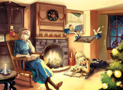 Rule 34 | 2girls, alice margatroid, baking sheet, blonde hair, book, bookshelf, boots, braid, candle, chair, chest of drawers, christmas tree, cookie, cupboard, doll, elbow rest, female focus, fire, fireplace, food, hand on own chin, hooreng, hourai doll, indoors, kirisame marisa, long hair, looking at another, lying, multiple girls, on stomach, open book, rocking chair, shanghai doll, shinki (touhou), short hair, single braid, sitting, smile, sparkle, touhou, touhou (pc-98), window, wreath