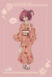 1girl absurdres bow character_name floral_print full_body green_eyes hair_between_eyes hair_bobbles hair_bow hair_ornament hand_up highres japanese_clothes kimono kinchaku komari_chika konno_rina make_heroine_ga_oo_sugiru! messy_hair obi pink_background pouch red_hair sandals sash short_hair socks solo white_socks wide_sleeves yukata