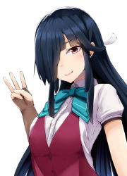 Rule 34 | 1girl, absurdres, black hair, blue bow, blue bowtie, blush, bondo (borndragon), bow, bowtie, breasts, brown gloves, commentary request, elbow gloves, fingerless gloves, gloves, hair over one eye, hayashimo (kancolle), highres, kantai collection, long hair, looking at viewer, medium breasts, open mouth, red eyes, school uniform, shirt, short sleeves, simple background, smile, solo, vest, white background, white shirt