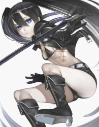 Rule 34 | 1girl, absurdres, belt, black bra, black footwear, black gloves, black hair, black jacket, black rock shooter, black rock shooter (character), black shorts, blue eyes, boots, bra, breasts, cleavage, gloves, grey background, hair between eyes, highres, holding, holding sword, holding weapon, jacket, knee boots, long hair, looking at viewer, midriff, nyatabe, open clothes, open jacket, parted lips, scar, short shorts, shorts, sideboob, simple background, small breasts, solo, stomach, sword, twintails, underboob, underwear, unzipped, very long hair, weapon