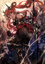 Rule 34 | 1girl, ass, black pantyhose, corrupted metadata, fang, gauntlets, headwear request, holding, holding weapon, land of caromag, looking at viewer, open mouth, panties, panties under pantyhose, pantyhose, ran (bukeranwu), red hair, solo, sword, twintails, underwear, weapon