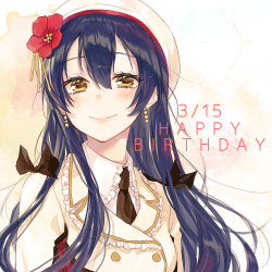 Rule 34 | 1girl, black bow, black necktie, blue hair, bow, buttons, double-breasted, earrings, flower, frilled shirt collar, frills, hair between eyes, happy birthday, hat, hat flower, highres, jacket, jewelry, long hair, looking at viewer, love live!, love live! school idol project, necktie, red flower, smile, solo, sonoda umi, sore wa bokutachi no kiseki, sudach koppe, upper body, white hat, yellow eyes