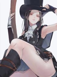 Rule 34 | 02twwo, 1boy, absurdres, androgynous, armpits, ascot, asymmetrical sleeves, bare legs, black hair, boots, buttons, fingerless gloves, gloves, guilty gear, guilty gear strive, hat, highres, legs, lips, long hair, looking at viewer, red eyes, side slit, sitting, straight hair, testament (guilty gear), thighs, top hat, trap