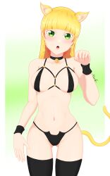 Rule 34 | absurdres, animal ears, artist name, bell, blonde hair, breasts, cat ears, cat girl, cat tail, collar, full body, green eyes, heanna sumire, highres, im-masterx, lingerie, long hair, looking at viewer, love live!, love live! superstar!!, open mouth, simple background, tail, thighhighs, underwear