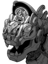 Rule 34 | 1girl, acky bright, cable, cockpit, goggles, goggles on head, greyscale, hair behind ear, highres, lizard, looking at viewer, looking up, mecha, monochrome, non-humanoid robot, original, pilot suit, ponytail, robot, robot animal, science fiction, sitting, white background