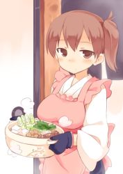 Rule 34 | 10s, 1girl, apron, bad id, bad pixiv id, breasts, brown eyes, brown hair, food, hotpot, japanese clothes, kaga (kancolle), kantai collection, mushroom, okiami, oven mitts, personification, shiitake, short hair, side ponytail, solo