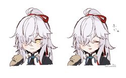 Rule 34 | 1boy, absurdres, blush stickers, closed eyes, closed mouth, commentary request, cropped torso, facing viewer, grey hair, hair over one eye, hair ribbon, high ponytail, highres, honkai: star rail, honkai (series), jing yuan, long hair, male focus, multiple views, ponytail, red ribbon, ribbon, sidelocks, signature, simple background, smile, sofra, translation request, twitter username, upper body, white background, yellow eyes