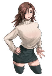 Rule 34 | 1girl, black skirt, black thighhighs, blue eyes, breasts, brown hair, closed mouth, feet out of frame, final fantasy, final fantasy viii, genderswap, genderswap (mtf), hand on own hip, lips, long hair, long sleeves, looking at viewer, pencil skirt, scar, scar on face, simple background, skirt, smile, solo, soo (sr00a2ht), squall leonhart, standing, sweater, thighhighs, turtleneck, turtleneck sweater, v, white background, zettai ryouiki