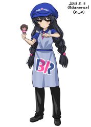 Rule 34 | 10s, 1girl, :t, absurdres, akiyama yukari, alternate costume, alternate hairstyle, apron, artist name, black footwear, black hair, black pants, blue apron, blue hat, blue shirt, braid, brown eyes, cabbie hat, cat hair ornament, closed mouth, commentary, cross-laced footwear, dated, dress shirt, english text, food, full body, girls und panzer, hair ornament, hair tie, half-closed eyes, hat, highres, holding, holding food, holding spoon, ice cream cone, light frown, logo, long hair, looking at viewer, necktie, one-hour drawing challenge, pants, pink necktie, reizei mako, saliva, shiina excel, shirt, shoes, signature, simple background, solo, spoon, standing, striped apron, striped clothes, twin braids, twitter username, vertical-striped apron, vertical-striped clothes, waitress, white background, wing collar