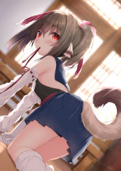 Rule 34 | 1girl, all fours, animal ears, aquaplus, back, bare shoulders, bent over, biting, biting clothes, blurry, blush, breasts, brown hair, depth of field, from behind, full body, fur, hair between eyes, hair ribbon, highres, indoors, kouda suzu, light particles, light rays, looking at viewer, loose socks, medium hair, mole, mole under eye, nekone (utawarerumono), official art, red eyes, reflective floor, ribbon, sidelocks, skirt, small breasts, socks, solo, tail, thighs, twintails, utawarerumono, utawarerumono: futari no hakuoro, utawarerumono: itsuwari no kamen, utawarerumono: lost flag, utawarerumono: lost flag support illustration relay, white socks, window, wooden floor